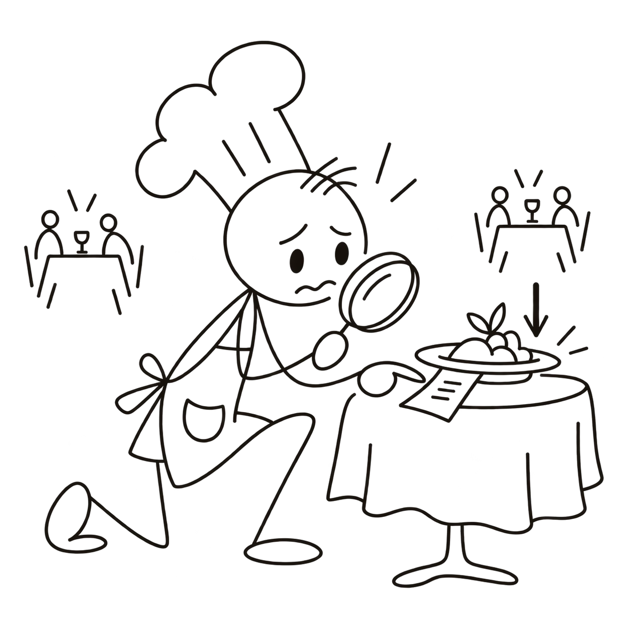 A concerned chef crouches beside a restaurant table and investigates the true cost of a plated dish.