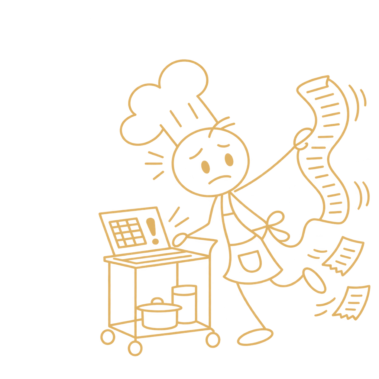 A chef pushes a costing cart while reaching for a supplier receipt that keeps unrolling.