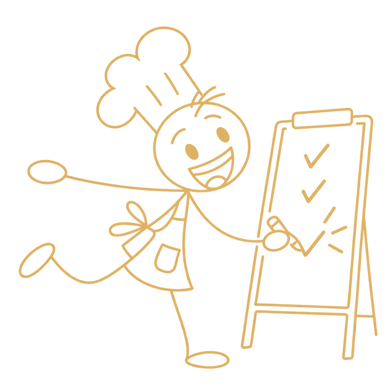 A joyful chef draws the final checkmark on a completed menu board.