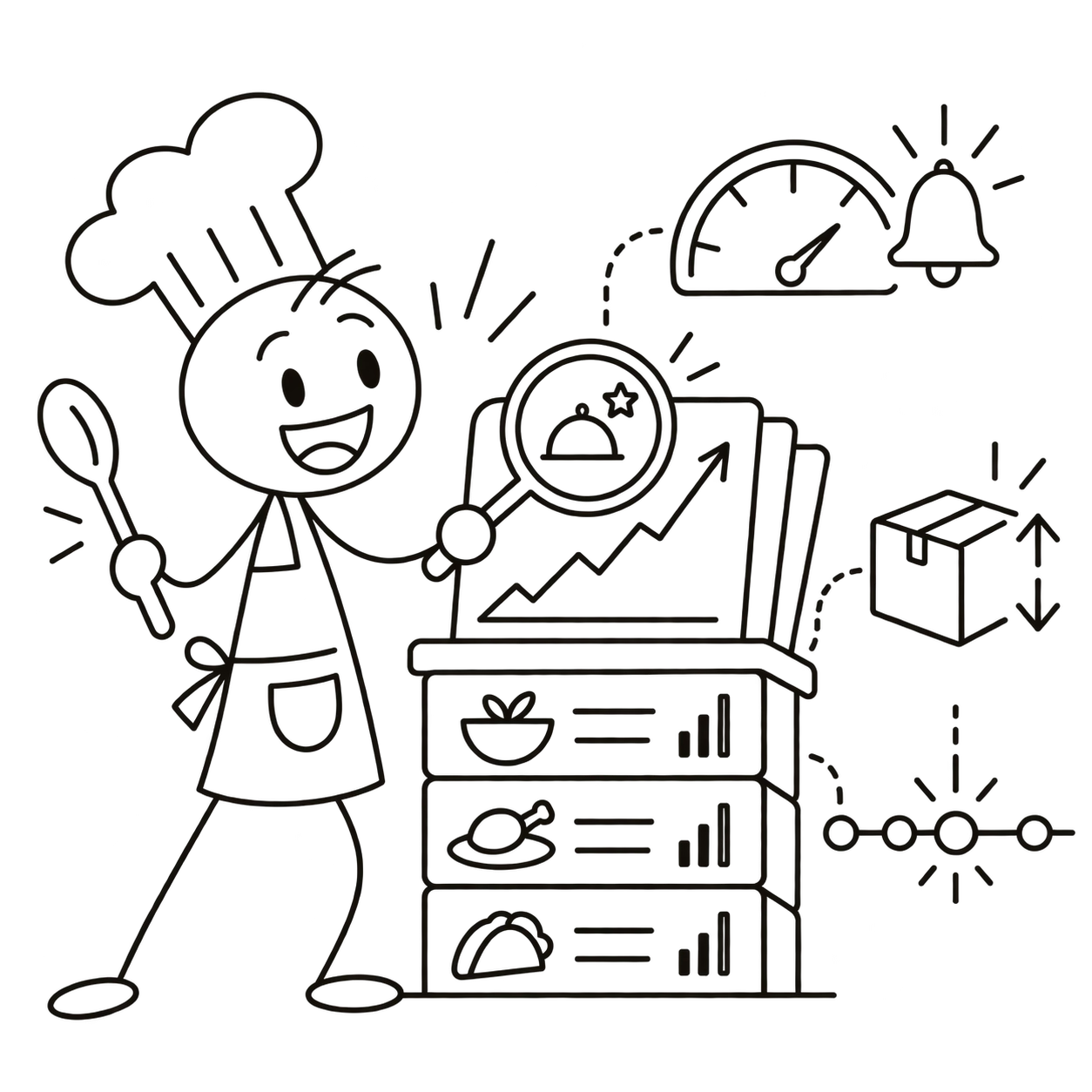 A proud chef reviewing live menu performance and profitability reports