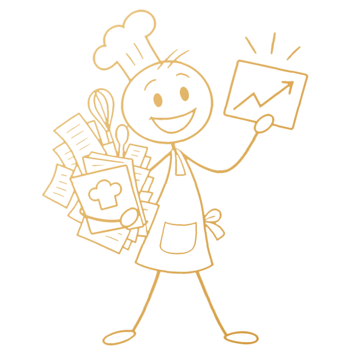 A joyful chef balances a bundle of kitchen papers in one hand and a rising business chart in the other.