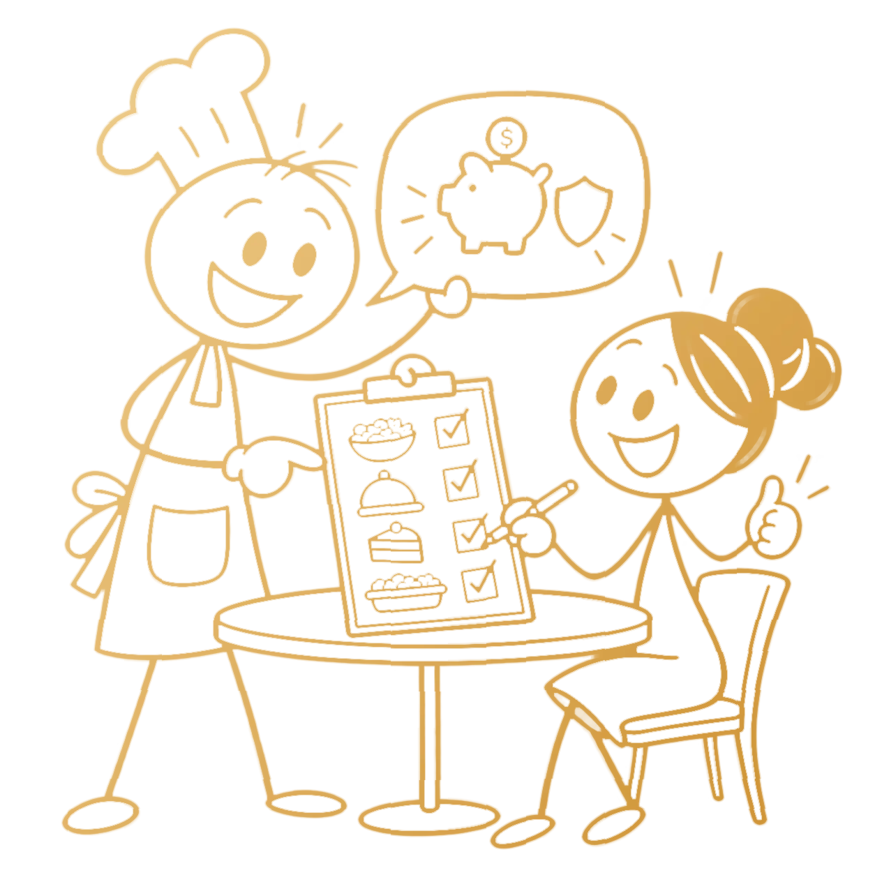 The chef helps a smiling client choose three buffet dishes while pointing to a budget guardrail.
