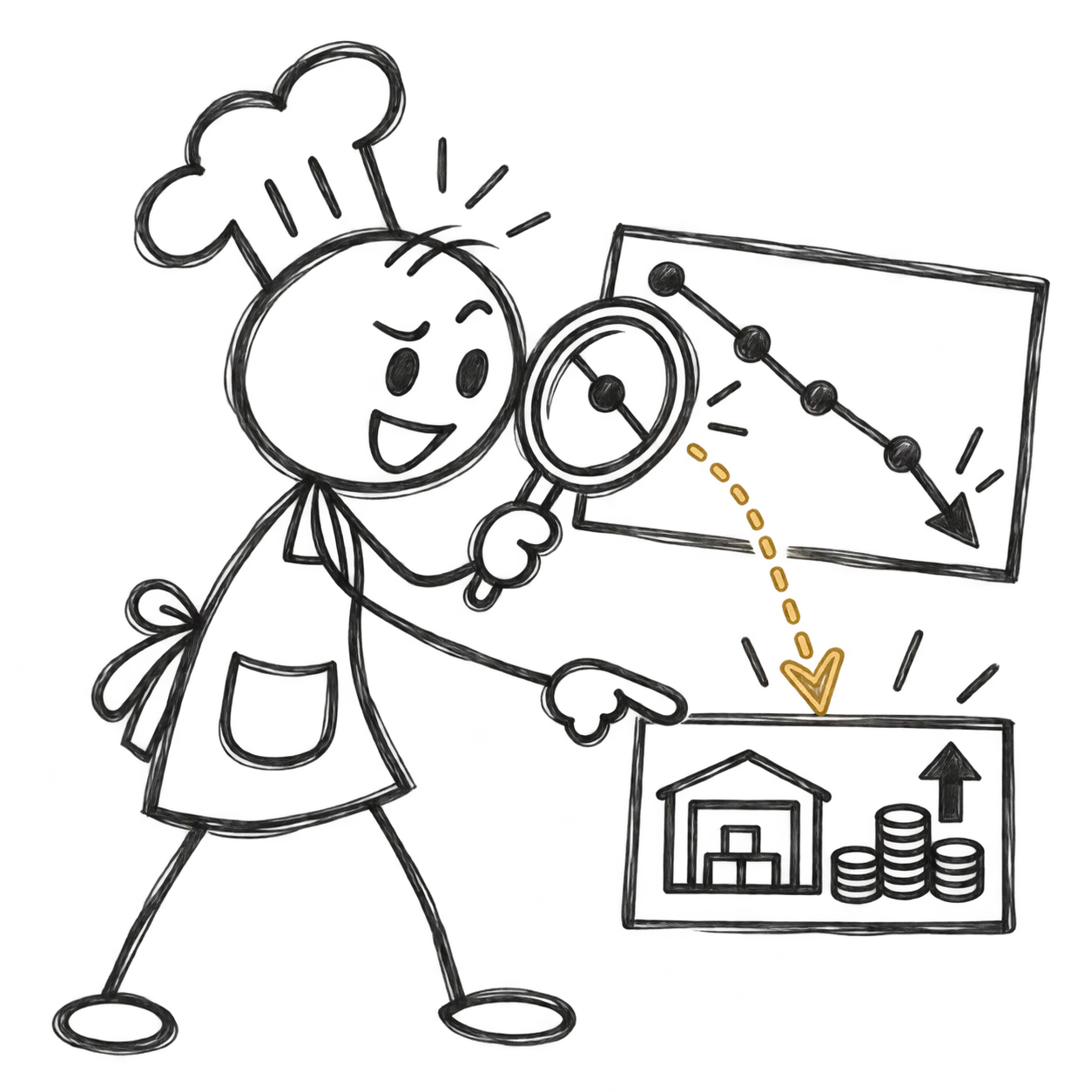 The chef studies a falling chart with a magnifying glass and traces the change back to one supplier price.
