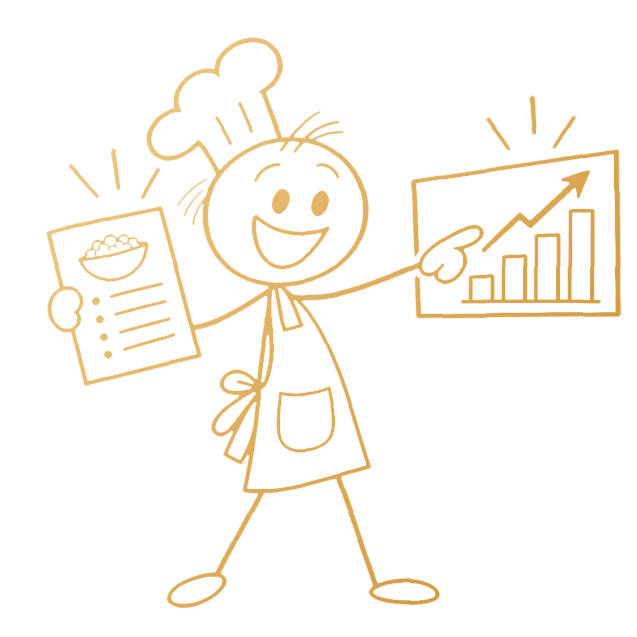 The chef holds a finished cost sheet and points triumphantly toward a rising margin chart.